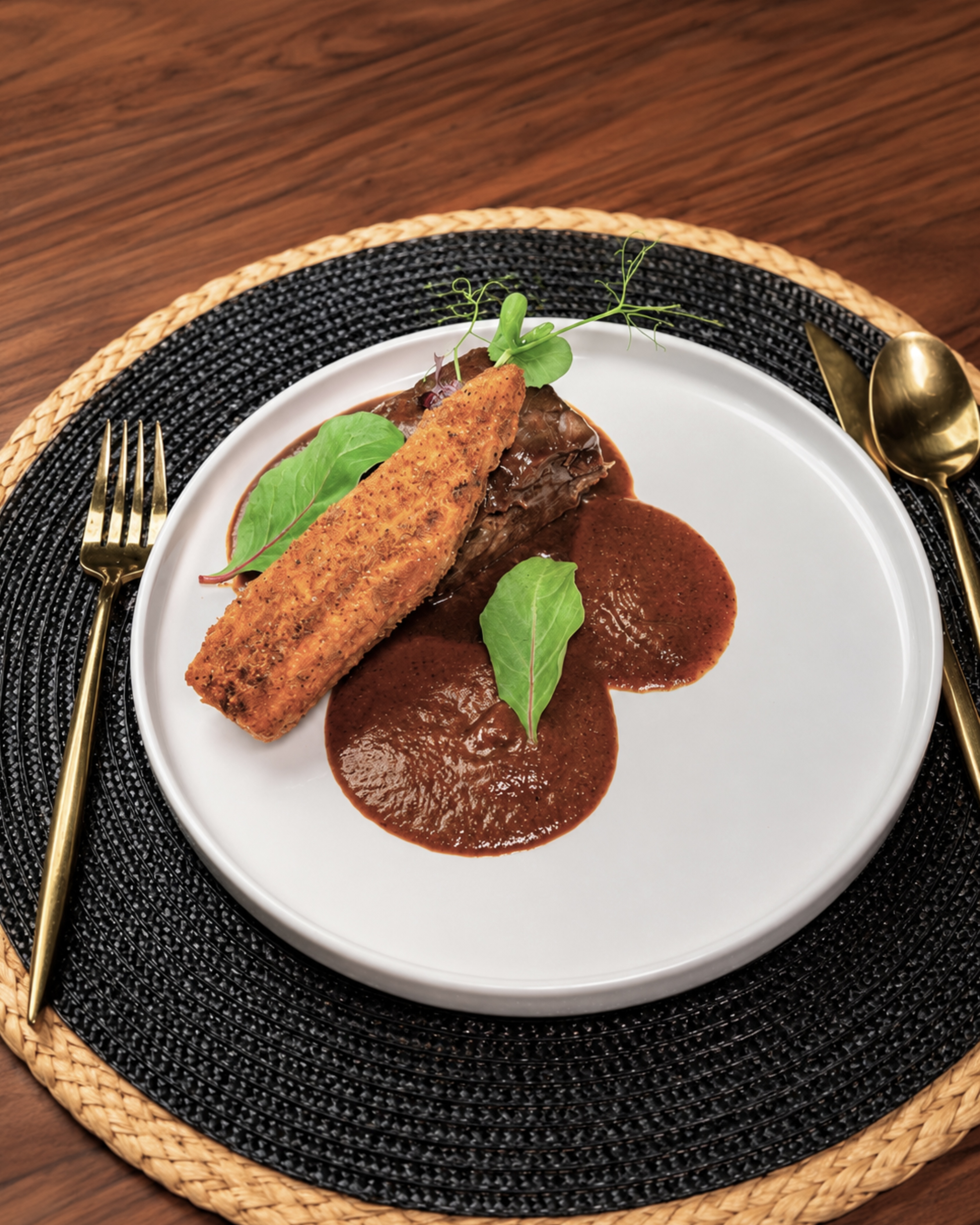 Lamb dish with rich sauce and garnish